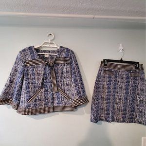 Cabi Club Jacket skirt suit set womens 2 Small blue white black